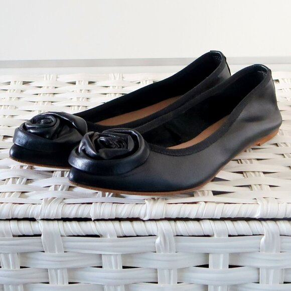 Saks Fifth Avenue Black Leather Rose Ballet Flats Slip-on Office Party Shoes 7.5 - Picture 14 of 16